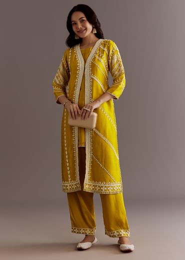Yellow Silk Moti Sequin Embroidered Jacket Suit
