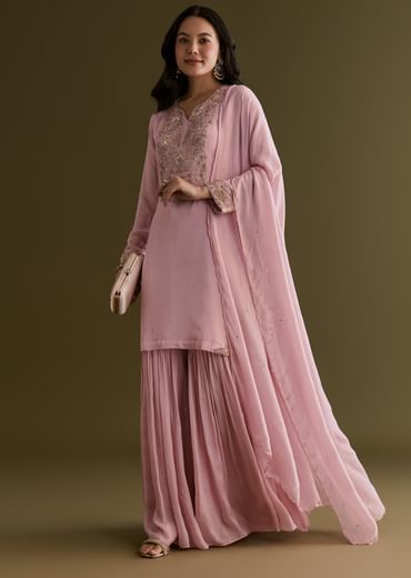Light Pink Chinon Cutdana Sharara Suit