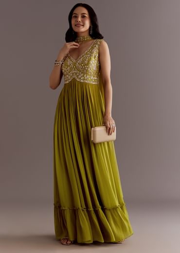 Citrus Green Embroidered Georgette Anarkali With Choker Dupatta