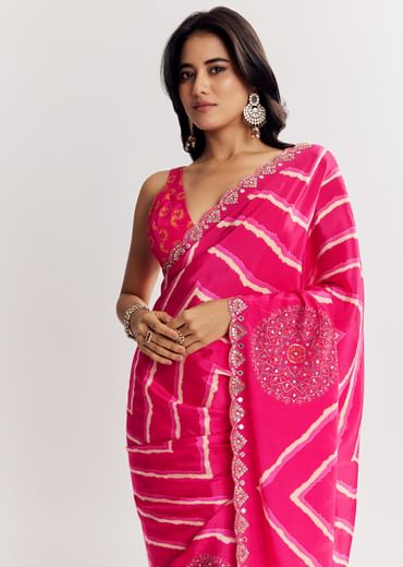 Pink Satin Saree With Gota And Mirror Embroidery
