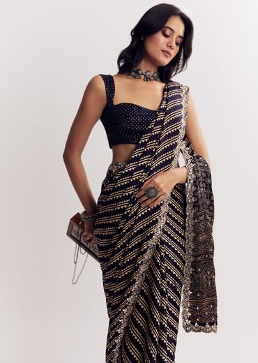 Black Satin Saree With Lehariya Print And Mirror Sequins Zari Embroidery