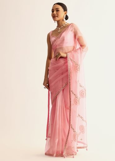 Pink Sequin Embroidered Organza Saree With Gotta Patti Embroidery