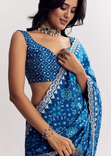 Blue Satin Ikat Printed Saree With Gota And Mirror Embroidery