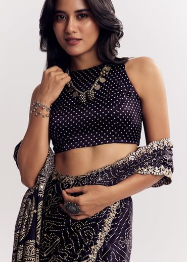 Purple Satin Ajrakh Printed Saree With Gota And Mirror Embroidery