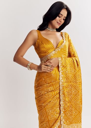 Mustard Yellow Satin Ajrakh Printed Saree With Gota Embroidery
