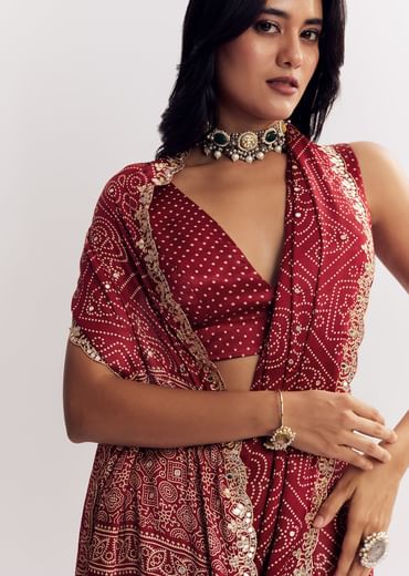 Maroon Satin Ajrakh Printed Saree With Gota And Sequins