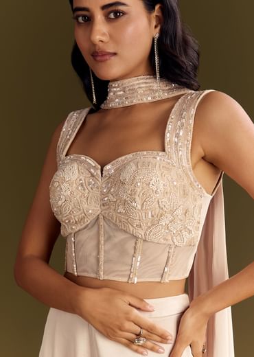 Cream Satin Bustier Palazzo Suit With Choker Dupatta