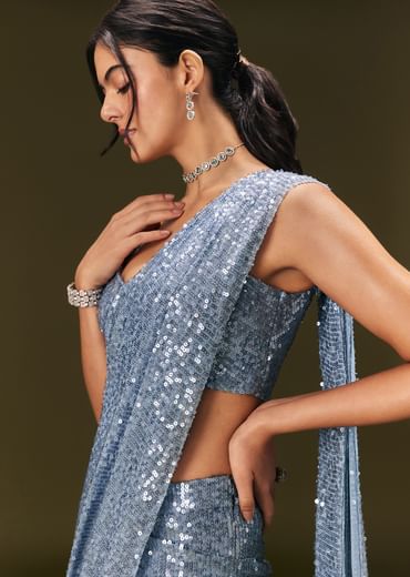 Blue Pre Stitched Saree With Sequin Stone Work