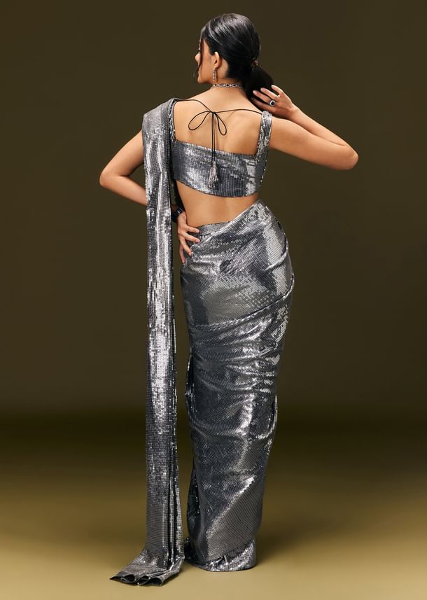 Metallic Grey Pre Stitched Sequin Saree With Cowl Neckline Blouse Metallic Grey Pre Stitched Sequin Saree With Cowl Neckline Blouse