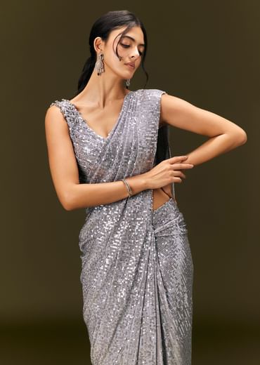 Grey Sequin Embroidered Ready To Wear Saree