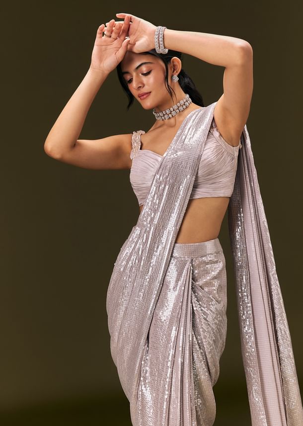 Silver Sequin Stone Embroidered Readymade Saree With Ruched Blouse Silver Sequin Stone Embroidered Readymade Saree With Ruched Blouse
