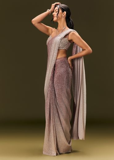 Brown Sequin Ready Pleated Saree With Stone Work