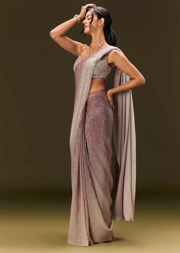 Brown Sequin Ready Pleated Saree With Stone Work Brown Sequin Ready Pleated Saree With Stone Work