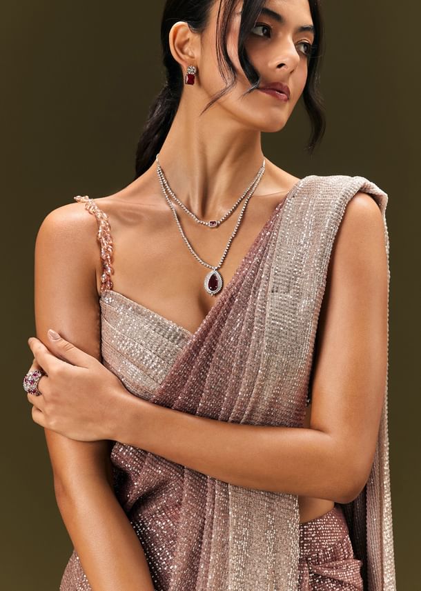 Brown Sequin Ready Pleated Saree With Stone Work Brown Sequin Ready Pleated Saree With Stone Work