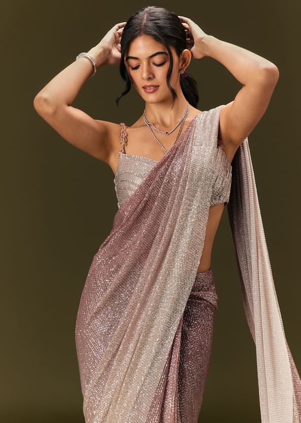 Brown Sequin Ready Pleated Saree With Stone Work Brown Sequin Ready Pleated Saree With Stone Work