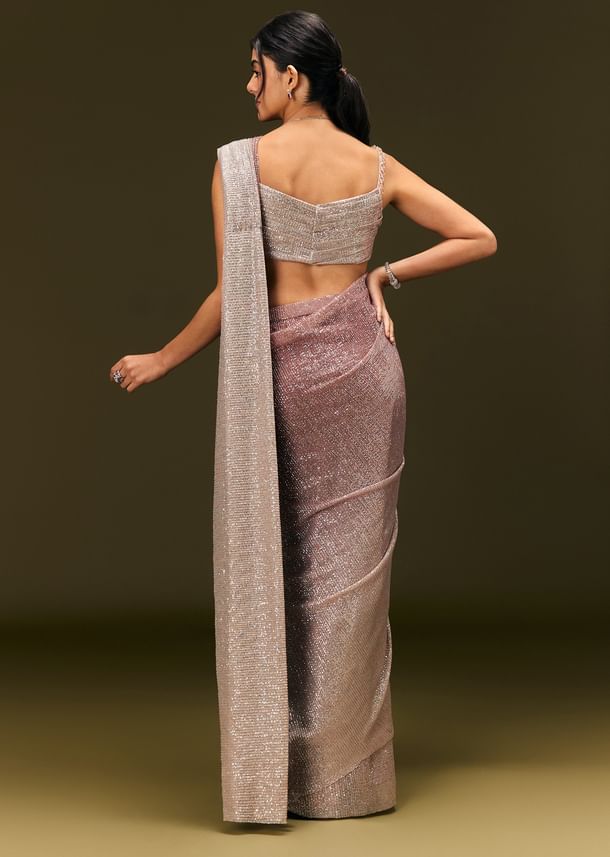 Brown Sequin Ready Pleated Saree With Stone Work Brown Sequin Ready Pleated Saree With Stone Work