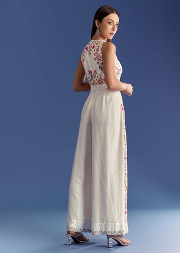 White Thread And Moti Work Jumpsuit With Waist Belt