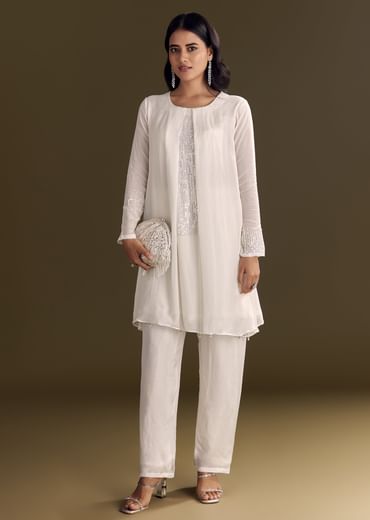 White Chinon Kurta Pant Set With Sequins Work