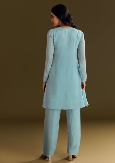 Sky Blue Chinon Kurta Pant Set With Sequins Embroidery