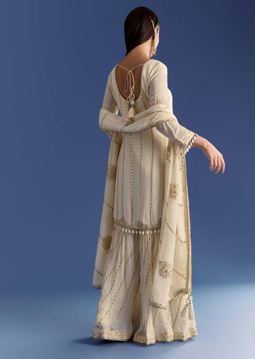 Cream Chinon Kurta Palazzo Set With Resham And Sequins Work