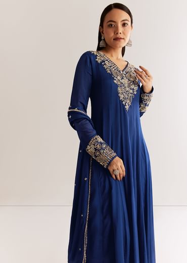 Navy Blue Chinon Anarkali Set With Cutdana Moti And Gotta Lace Dupatta