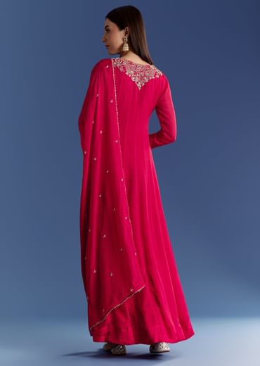 Red Chinon Anarkali With Moti And Gotta Lace Dupatta