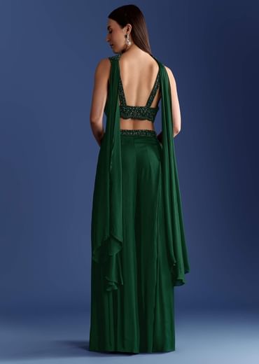 Dark Green Chinon Palazzo Set With Cutdana Croptop And Choker Dupatta