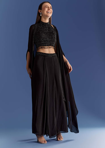 Black Chinon Cape Set With Embroidered Croptop And Skirt