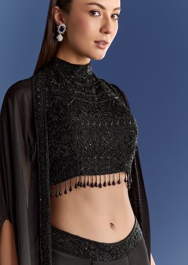 Black Chinon Cape Set With Embroidered Croptop And Skirt