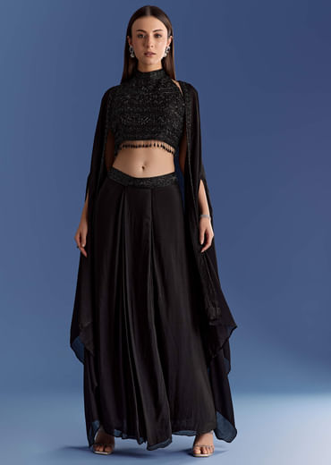 Black Chinon Cape Set With Embroidered Croptop And Skirt