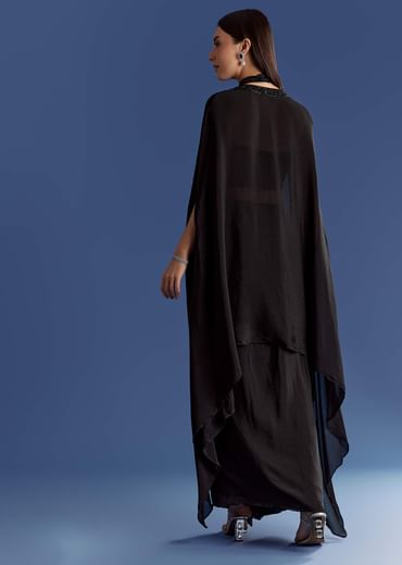 Black Chinon Cape Set With Embroidered Croptop And Skirt
