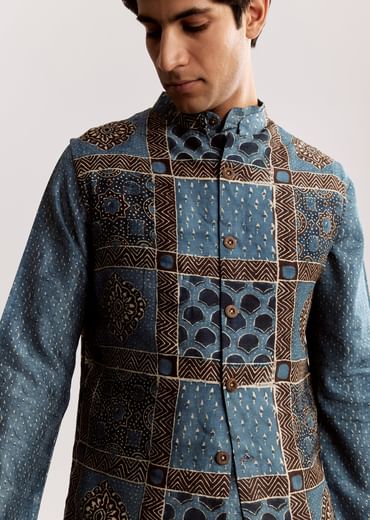 Blue Linen Kurta Jacket Set With Ajrakh Print
