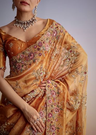 Rust Orange Tissue Cutdana Embroidered Saree
