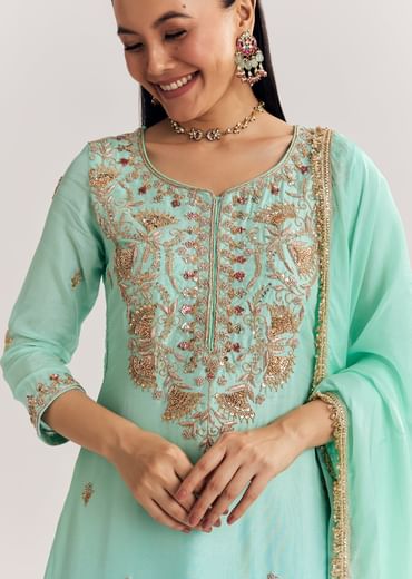 Blue Ombre Kurta Palazzo Suit With Zardosi And Sequins Work