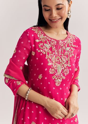 Pink Chinon Asymmetrical Kurta Sharara Suit With Embroidery