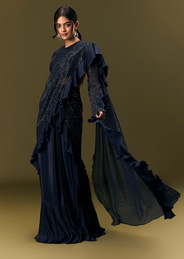 Navy Blue Crepe Ready Pleated Saree With Full Sleeve High Neck Blouse