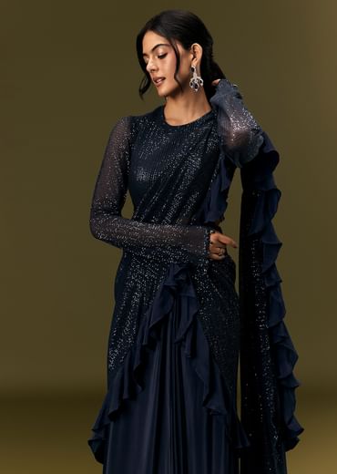 Navy Blue Crepe Ready Pleated Saree With Full Sleeve High Neck Blouse