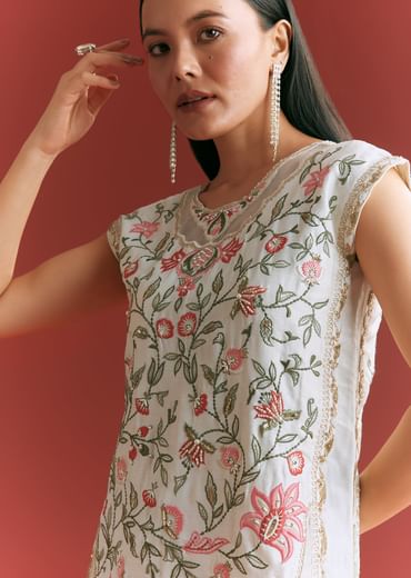 Off White Viscose Silk Short Kurta Set With Resham Work