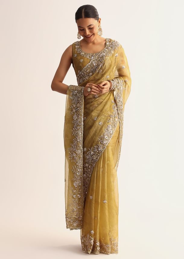 Occur Yellow Tissue Floral Saree With Scallop Embroidered Border