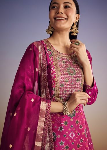 Purple Patola And Bandhani Print Kurta Set With Banarasi Dupatta