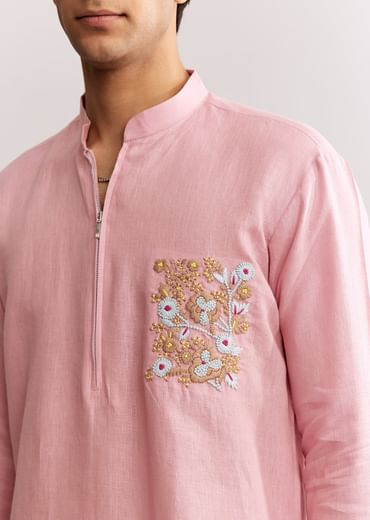 Pink Linen Kurta Set With Embroidery