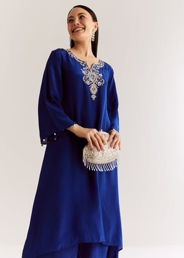 Blue Crepe Kurta Set With Silver Zardosi And Asymmetrical Cut