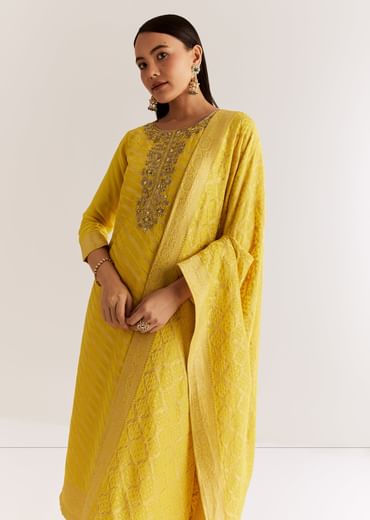 Yellow Banarasi Georgette Kurta Set With Zardosi And Cutdana Work