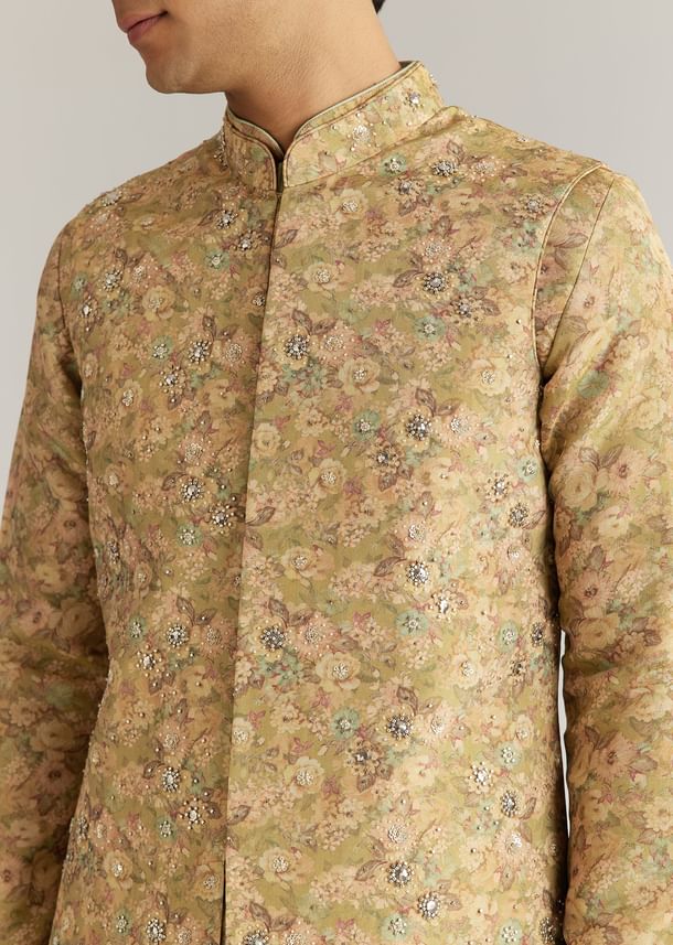 Green Tissue Stone Sequins Kurta Jacket Set