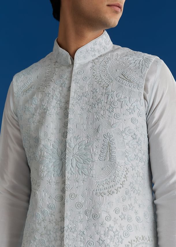Sky Blue Silk Embroidered Jacket Kurta Set
