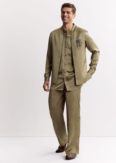 Green Silk Kurta Set With Gotta Embroidered Jacket