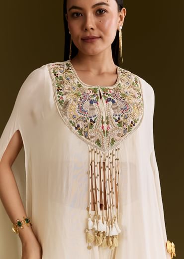 Off White Chinon Cape Suit With Zardosi And Moti Embroidery