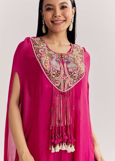 Pink Chinon Zardosi Threadwork Kaftan Kurta Set