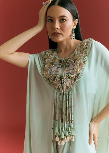 Powder Blue Chinon Cape Suit With Zardosi Thread And Moti Work Powder Blue Chinon Cape Suit With Zardosi Thread And Moti Work