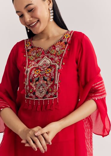 Red Chinon Asymmetrical Palazzo Suit With Embroidery